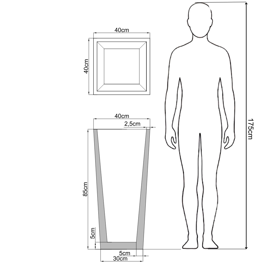 Wysoka trapezowa donica betonowa 40x40x85 cm — rysunek techniczny z wymiarami