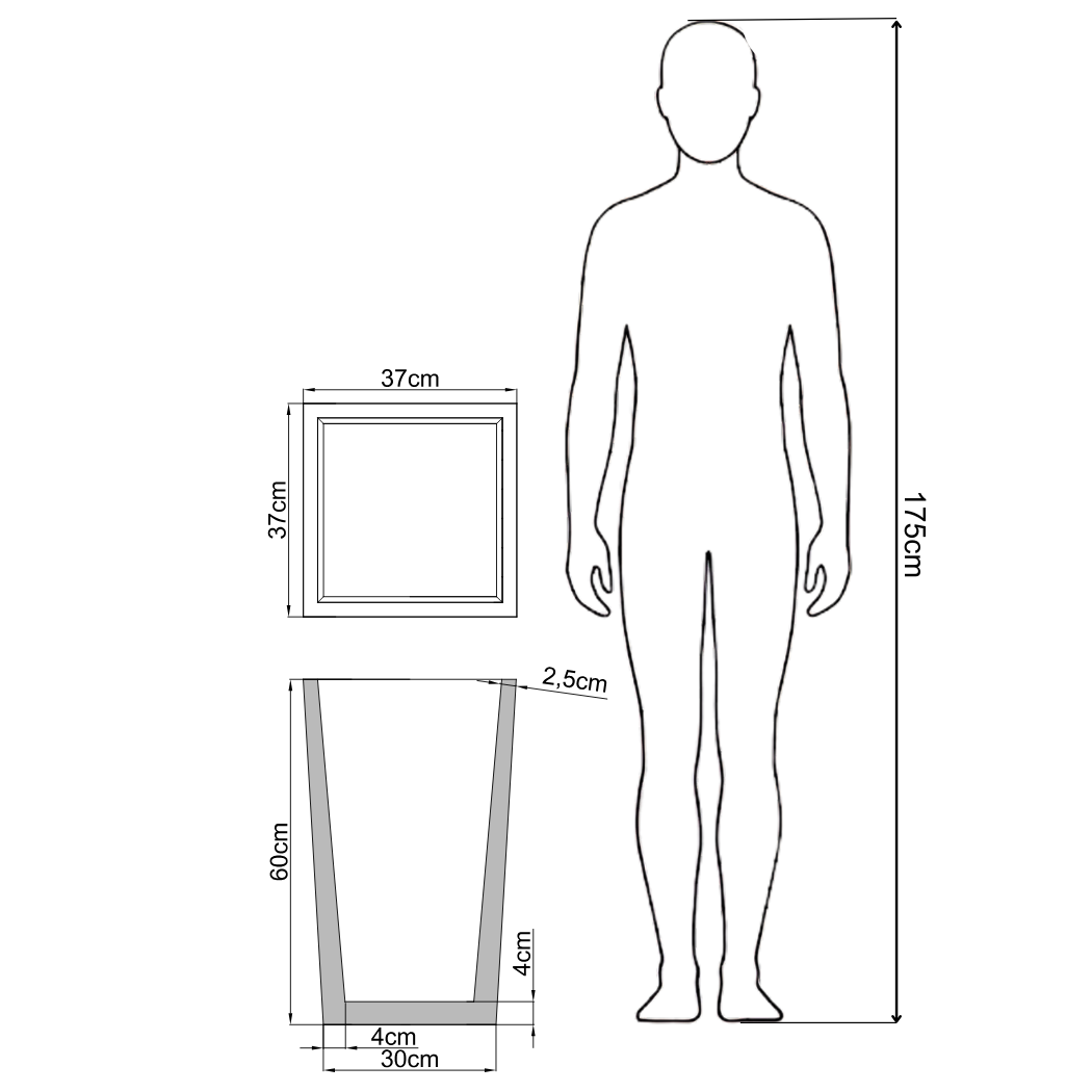 Wysoka donica betonowa 37x37x60 cm — rysunek techniczny z wymiarami